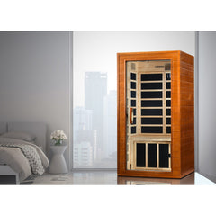 Dynamic Avila 1 person Low EMF infrared sauna photographed in a room