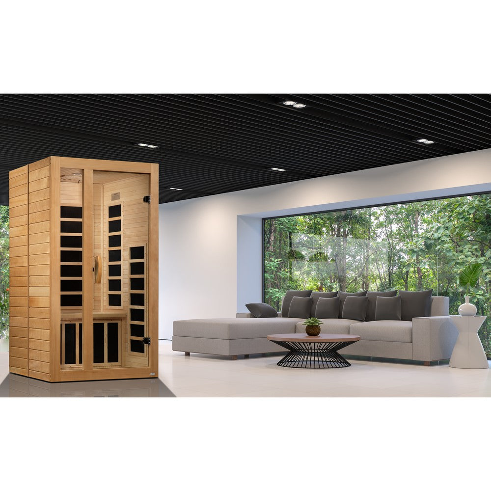 Dynamic Gracia 1 person Low EMF infrared sauna photographed in a room