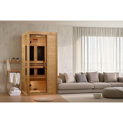 Dynamic Veneto Elite 1 person Ultra Low EMF infrared sauna photographed in a room