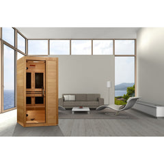 Maxxus S-Line Yoga 1 person Ultra Low EMF infrared sauna photographed in a room