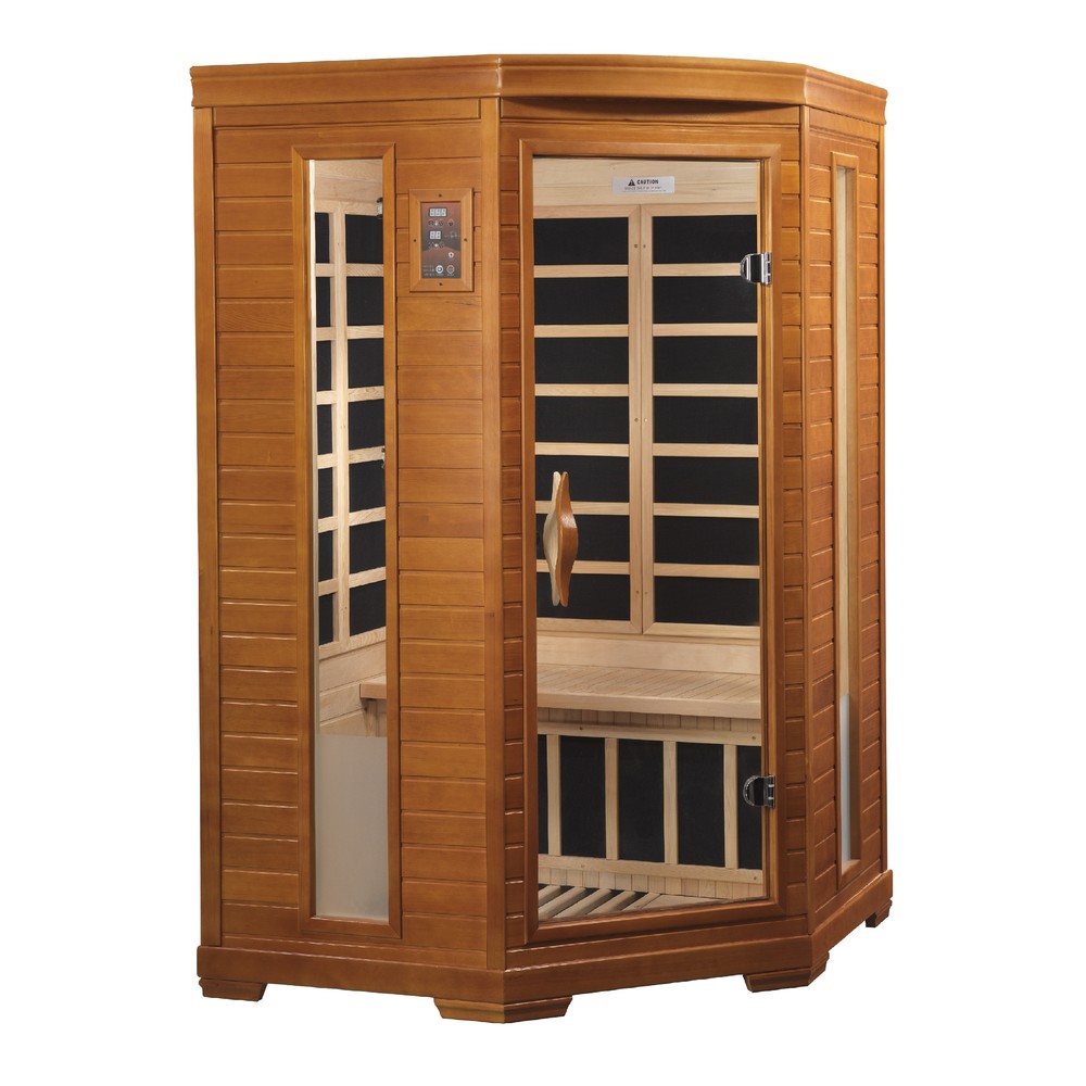 Dynamic Heming Elite 2 person corner Ultra Low EMF infrared sauna photographed in a room