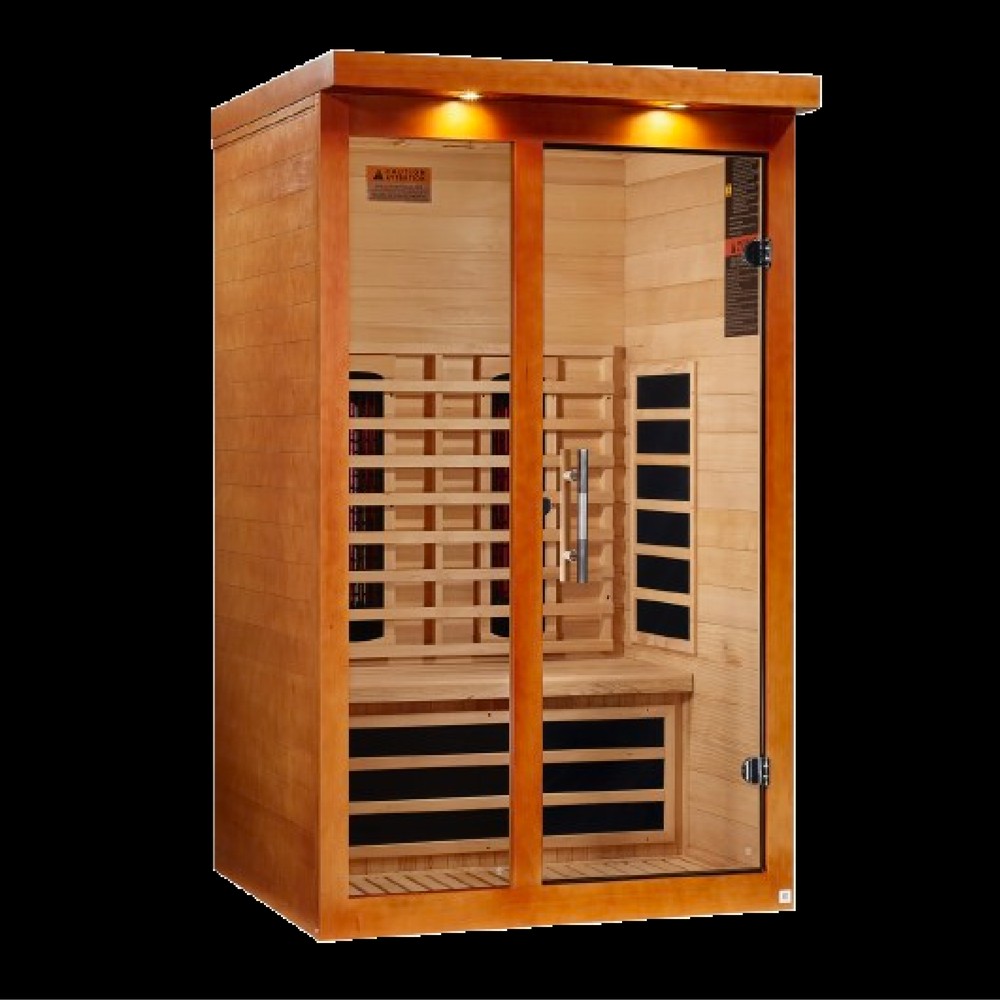 Dynamic Llumeneres 2 person Low EMF infrared sauna photographed in a room