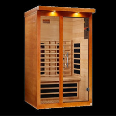Dynamic Llumeneres 2 person Low EMF infrared sauna photographed in a room