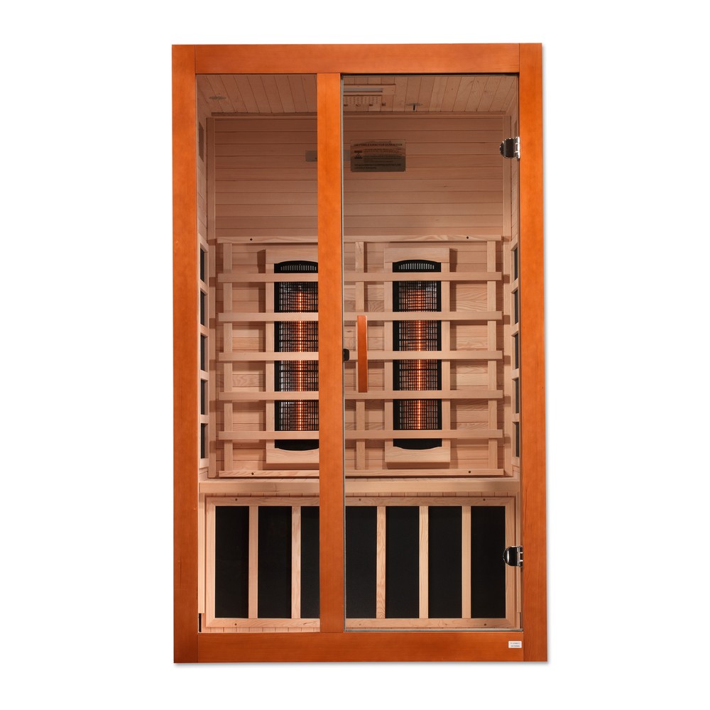 Dynamic Santiago 2 person Low EMF infrared sauna photographed in a room