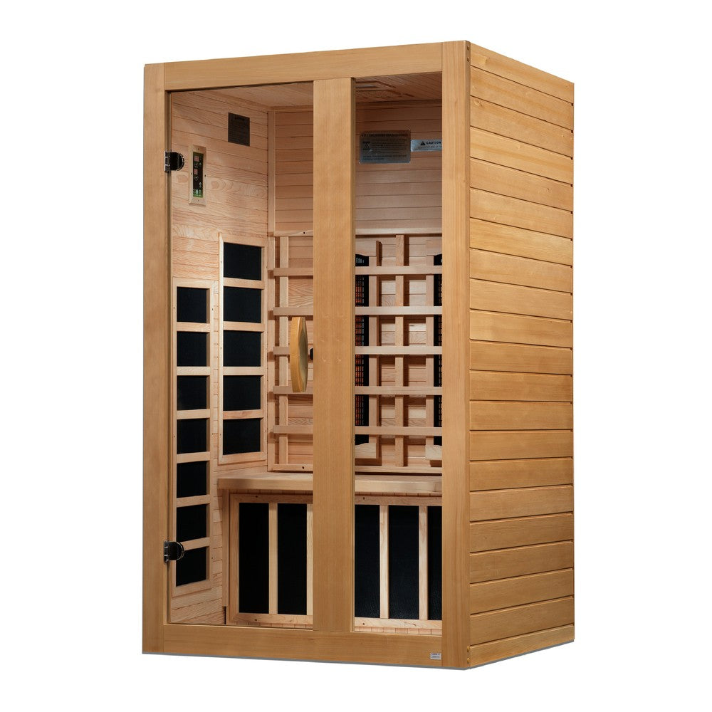 Dynamic Serena 2 person Low EMF infrared sauna photographed in a room