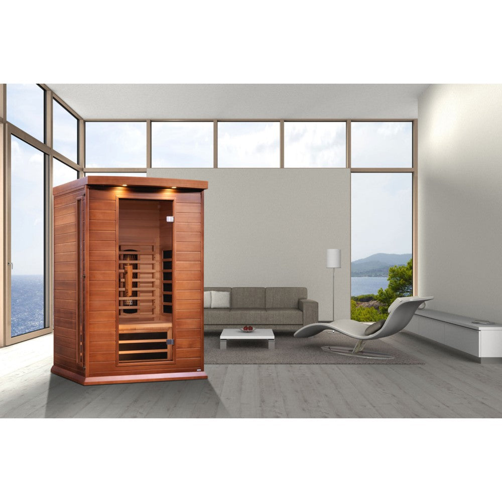 Maxxus MX-M206-01-FS CED 2 person red cedar full spectrum infrared sauna photographed from a three-quarter angle