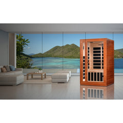 Dynamic Cordoba 2 person Low EMF infrared sauna photographed in a room
