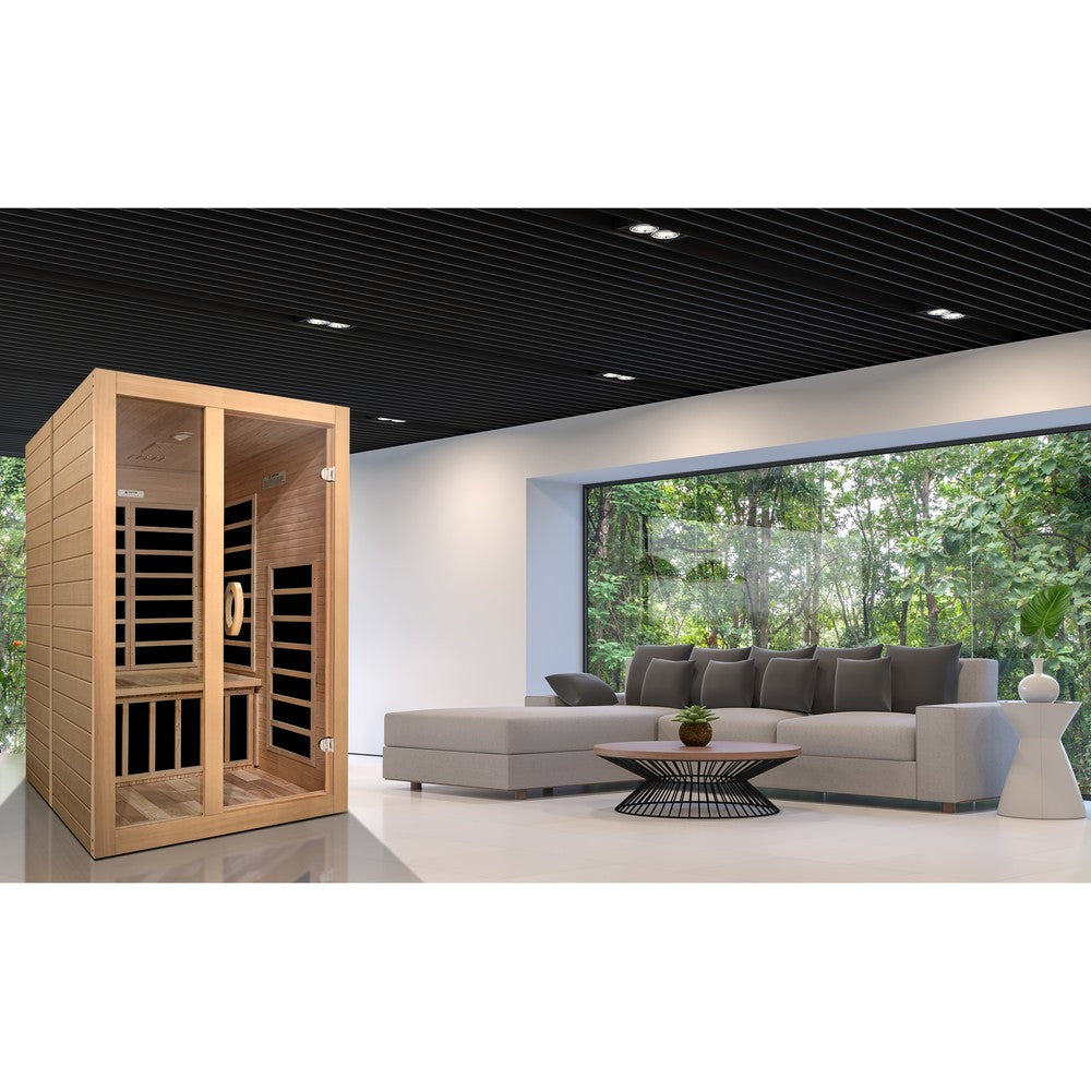 Dynamic Santiago 2 person Low EMF infrared sauna photographed in a room