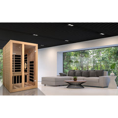 Dynamic Santiago 2 person Low EMF infrared sauna photographed in a room