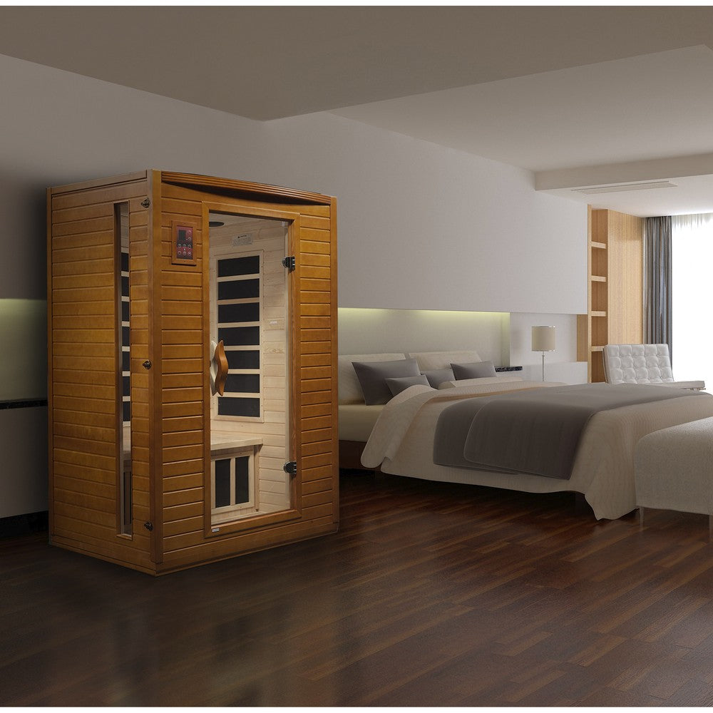 Dynamic Versailles 2 person Low EMF infrared sauna photographed in a room