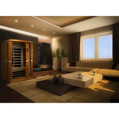 Dynamic Vittoria 2 person Low EMF infrared sauna photographed in a room