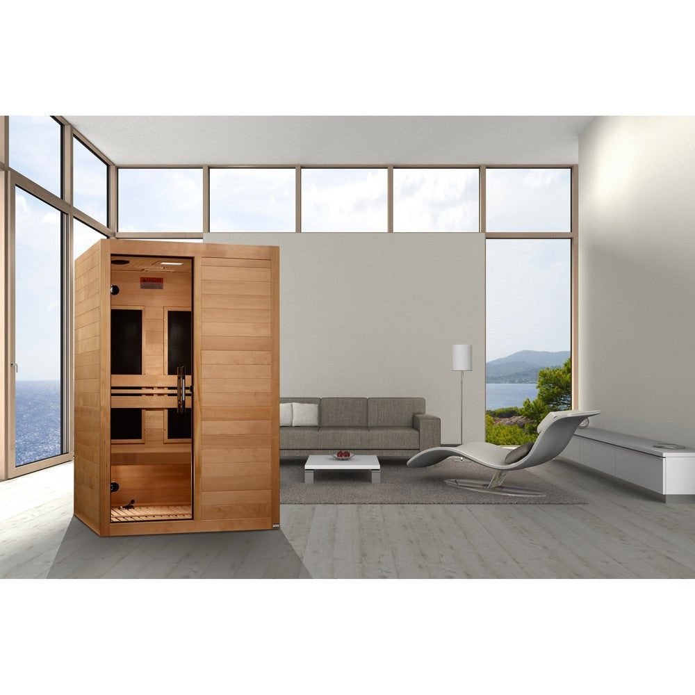 Maxxus S-Line Yoga 2 person Low EMF infrared sauna photographed in a room