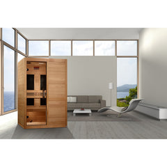 Maxxus S-Line Yoga 2 person Low EMF infrared sauna photographed in a room