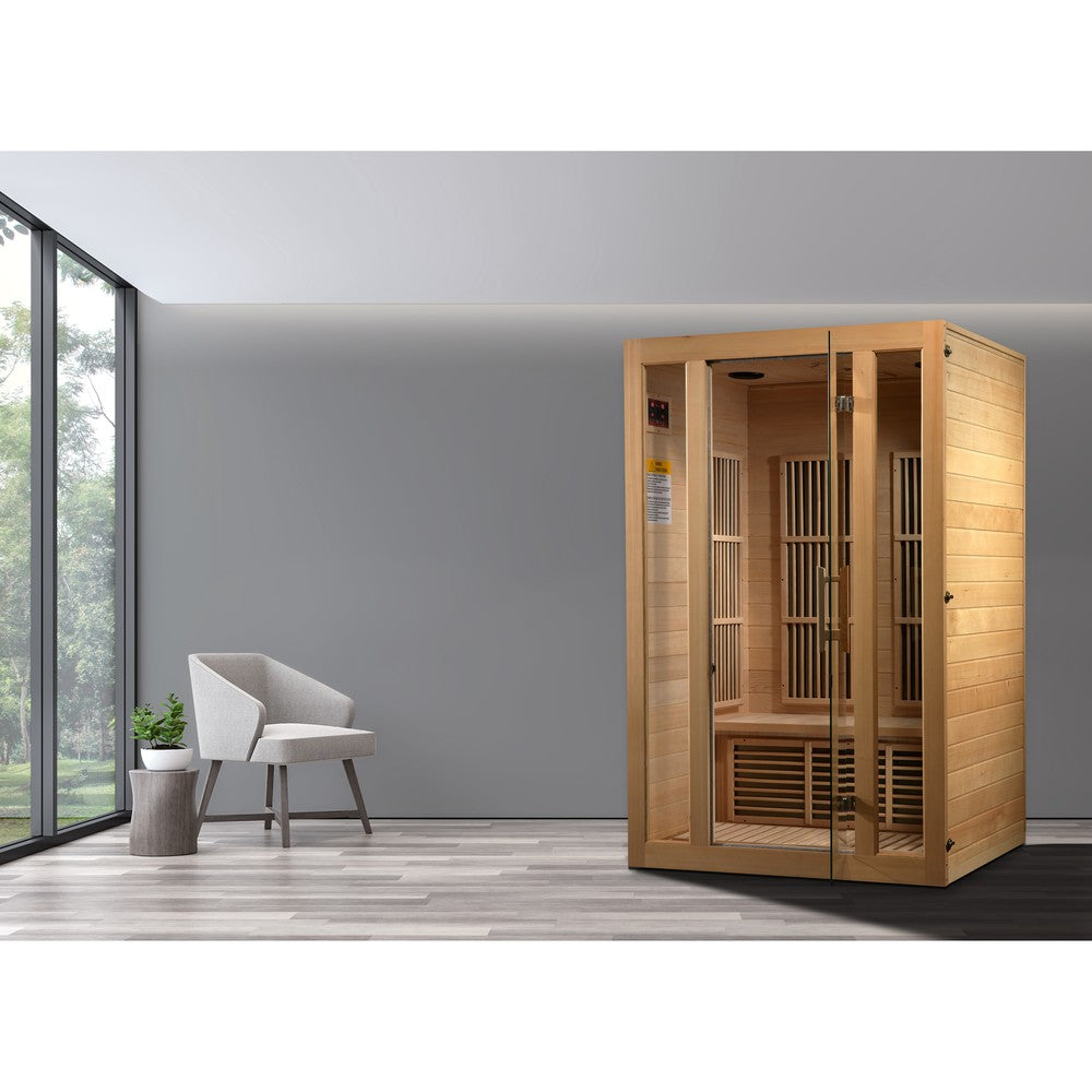 Maxxus Seattle 2 person Near Zero EMF infrared sauna photographed in a room