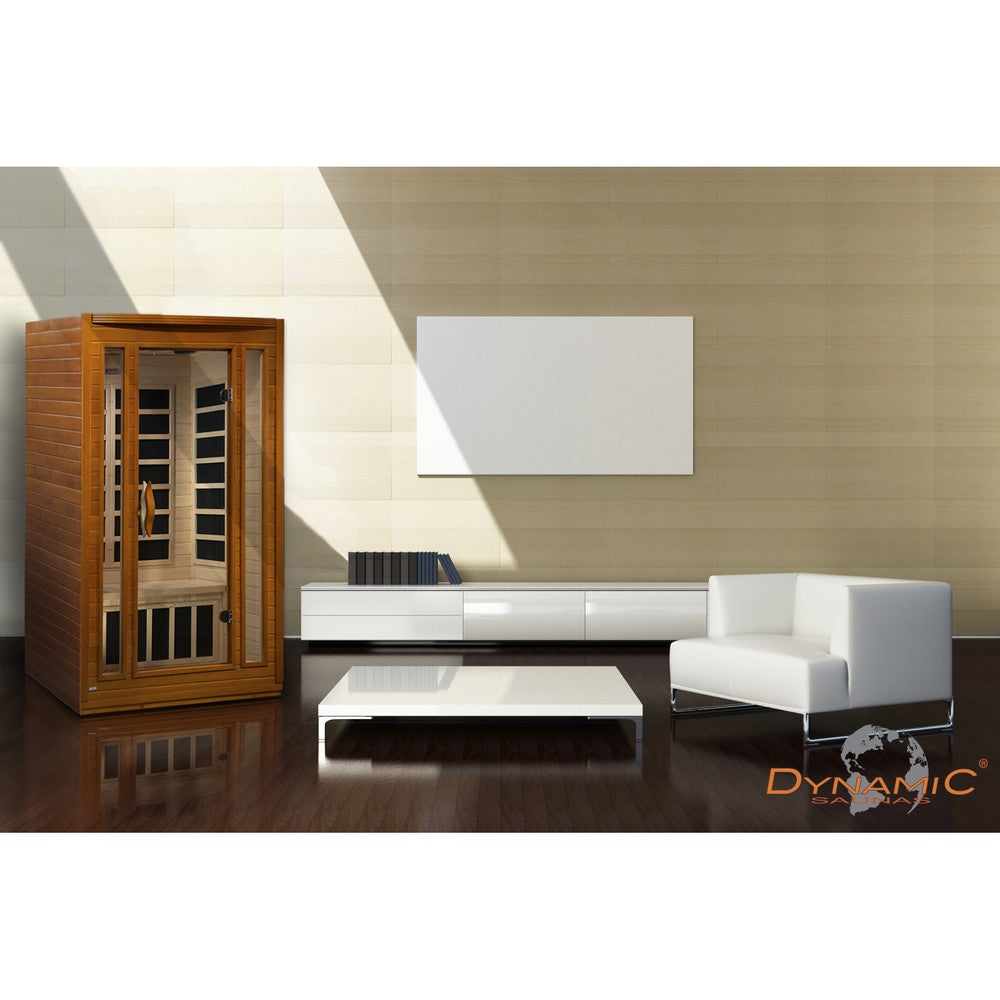 Dynamic San Marino Elite 2 person Ultra Low EMF infrared sauna photographed in a room
