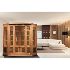 Maxxus MX-K356-01 CED 3 person corner red cedar Low EMF infrared sauna photographed in a room