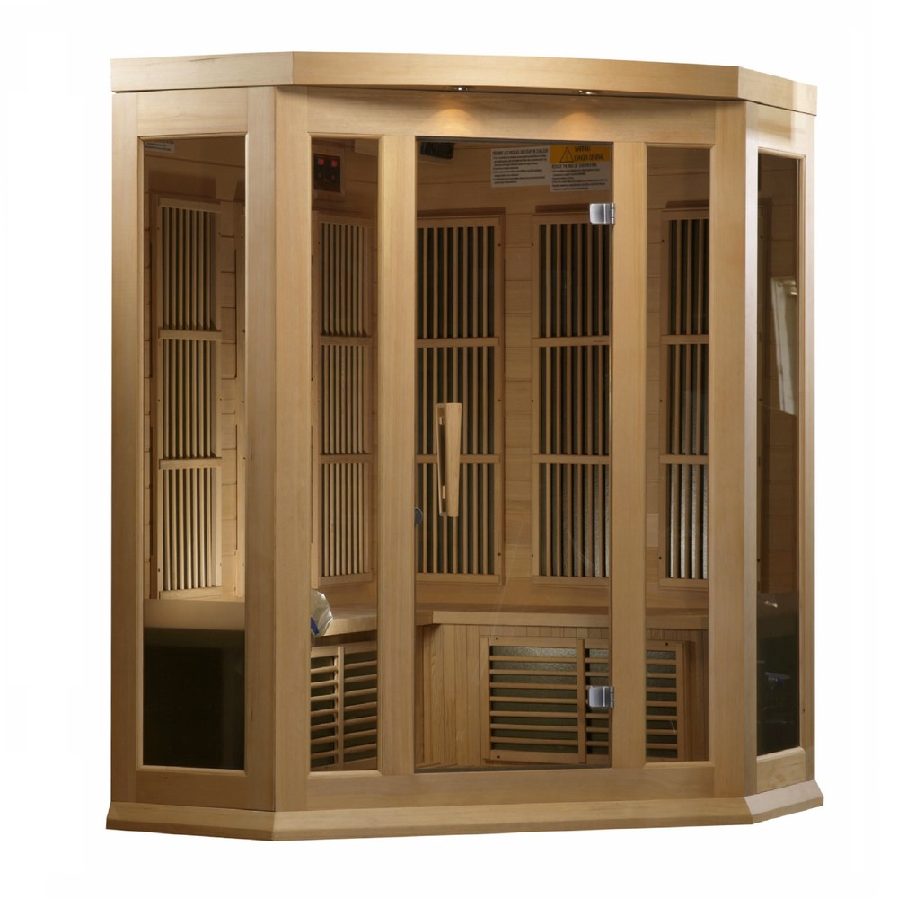 Maxxus MX-K356-01 3 person corner Low EMF infrared sauna photographed in a room