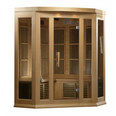 Maxxus MX-K356-01 3 person corner Low EMF infrared sauna photographed in a room