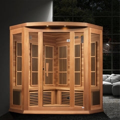 Maxxus MX-K356-01-ZF CED 3 person corner red cedar Near Zero EMF infrared sauna photographed in a room