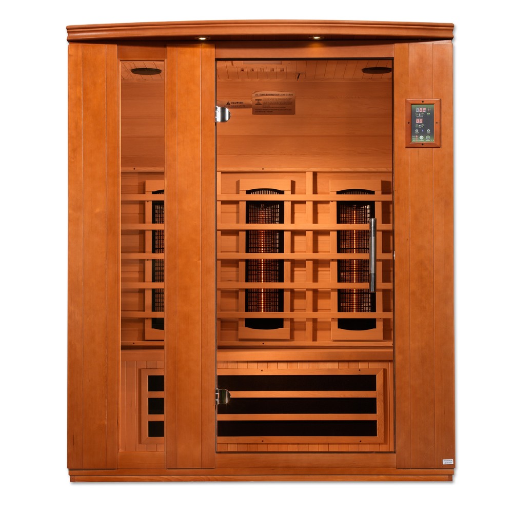Dynamic Lugano 3 person Low EMF infrared sauna photographed in a room