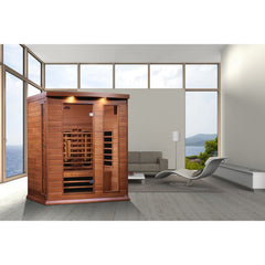 Maxxus MX-M306-01-FS CED 3 person red cedar full spectrum infrared sauna photographed from a three-quarter angle