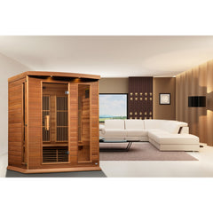 Maxxus MX-K306-01 CED 3 person red cedar Low EMF infrared sauna photographed in a room