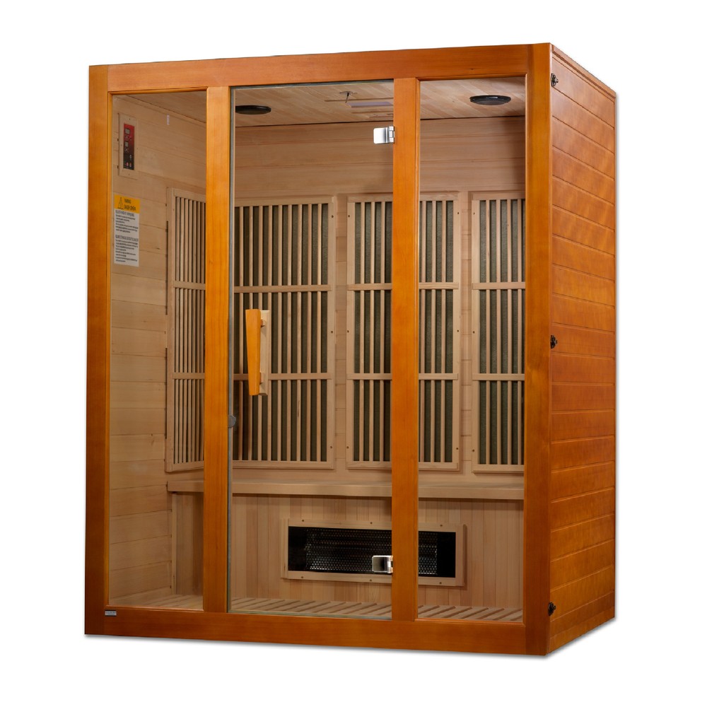 Maxxus Alpine 3 person Low EMF infrared sauna photographed in a room