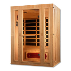 Maxxus Trinity 3 person Low EMF infrared sauna photographed in a room