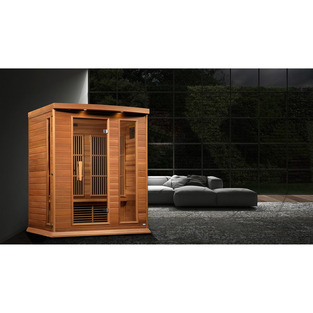 Maxxus MX-K306-01-ZF CED 3 person red cedar Near Zero EMF infrared sauna photographed in a room