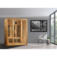 Maxxus Bellevue 3 person Near Zero EMF infrared sauna photographed in a room