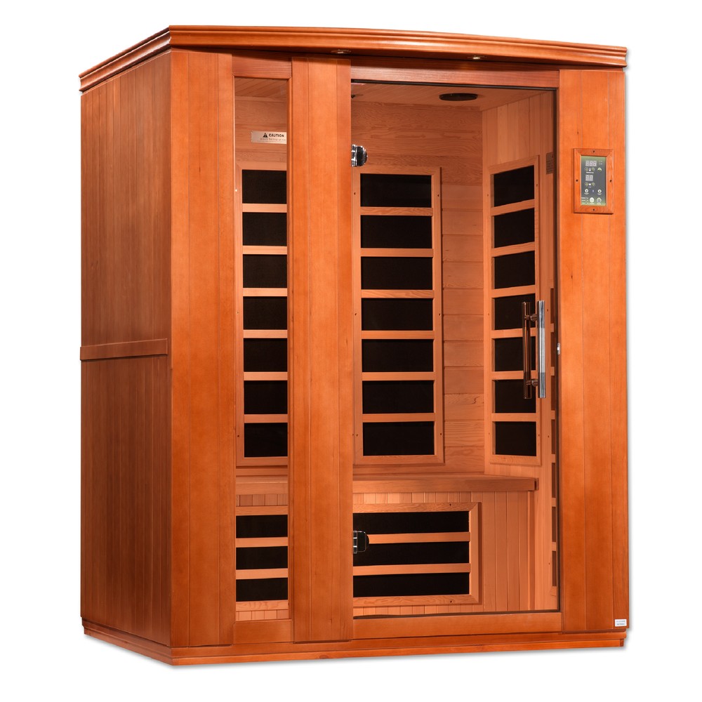 Dynamic Lugano Elite 3 person Ultra Low EMF infrared sauna photographed in a room