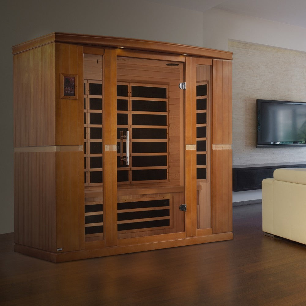 Dynamic Bergamo Elite 4 person Ultra Low EMF infrared sauna photographed in a room