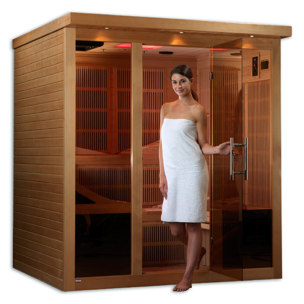 Golden Designs Monaco Elite 6 person Near Zero EMF infrared sauna photographed in a room