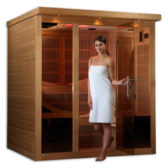 Golden Designs Monaco Elite 6 person Near Zero EMF infrared sauna photographed in a room