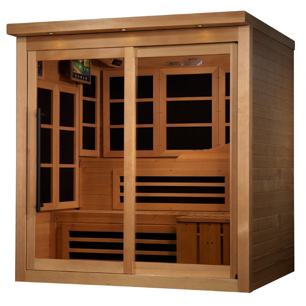 Golden Designs Monaco Limited Edition 6 person Near Zero EMF infrared sauna photographed in a room