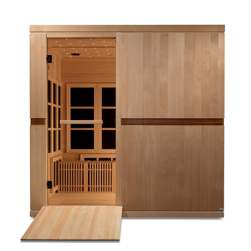 Golden Designs Catalonia 8 person Near Zero EMF infrared sauna photographed in a room