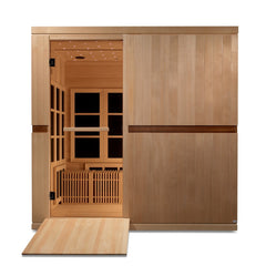 Golden Designs Catalonia 8 person Near Zero EMF infrared sauna photographed in a room
