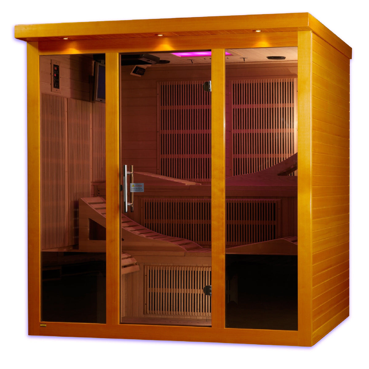 Dynamic Monaco Elite DYN-6996-01 six-person infrared sauna with interior lighting on
