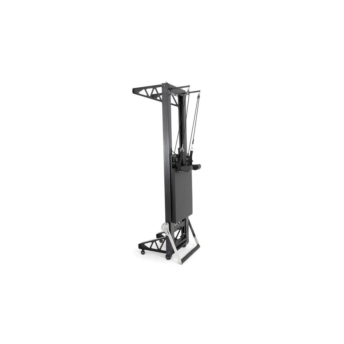 Elina Pilates HL1 aluminum reformer stored upright between workouts