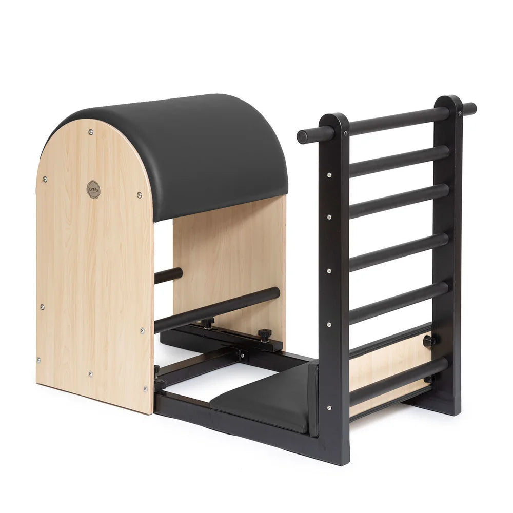 Elite Elina Pilates Ladder Barrel with steel base and black upholstery, angled view