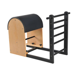 Elina Pilates Ladder Barrel with steel base and black upholstery, angled view