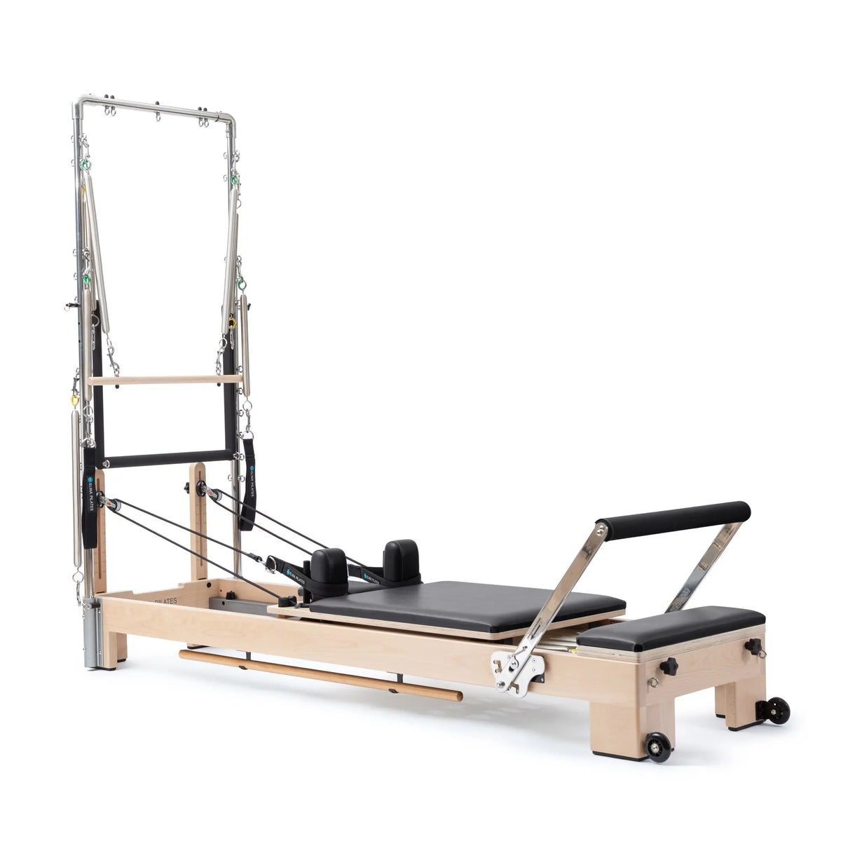 Elina Pilates Lignum wooden reformer with tower in black, angled view