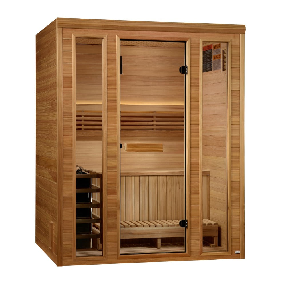 Golden Designs Andermatt 3 Person Traditional Sauna traditional sauna photographed from a three quarter angle