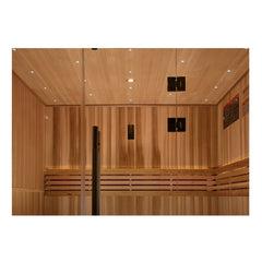Golden Designs Copenhagen 3 Person Traditional Sauna front view with cedar interior visible