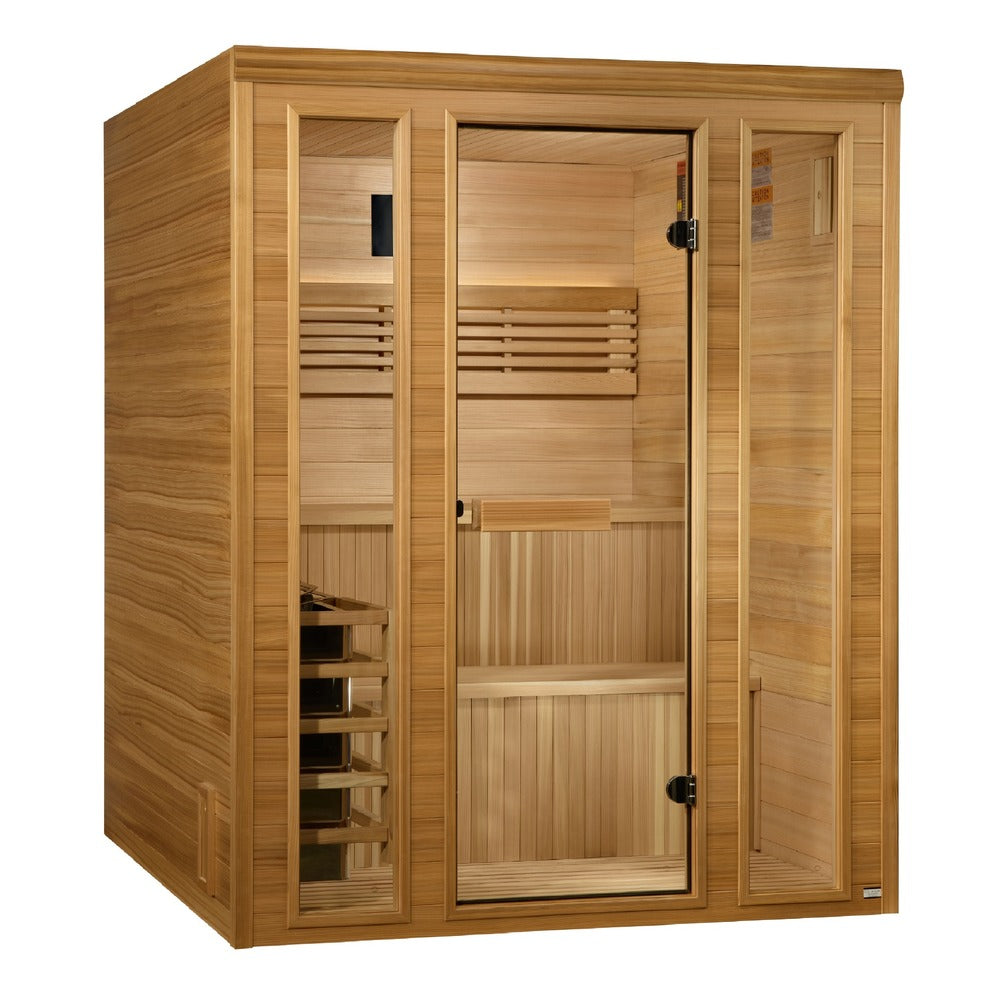 Golden Designs Engelberg 6 Person Traditional Sauna traditional sauna photographed from a three quarter angle