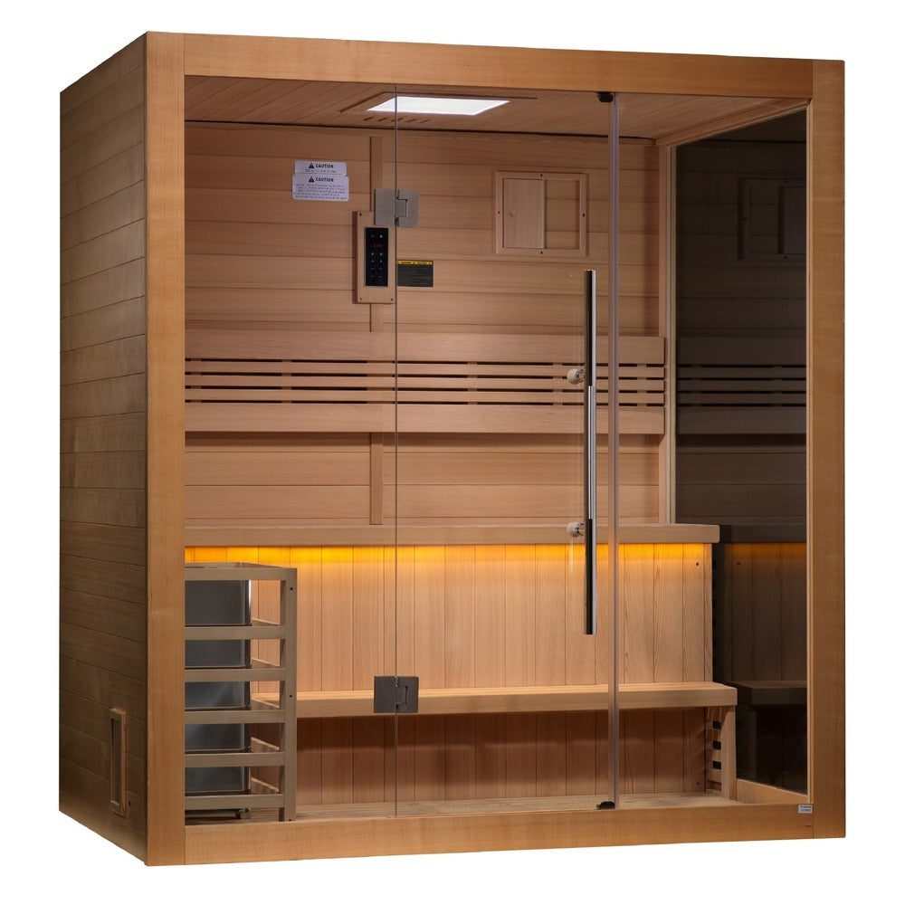 Golden Designs Forssa 3 Person Traditional Sauna photographed from a three quarter angle
