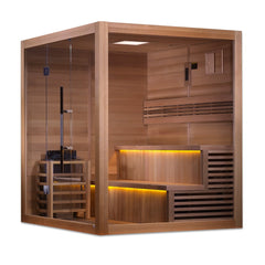 Golden Designs Kuusamo 6 Person Traditional Sauna photographed from a corner angle