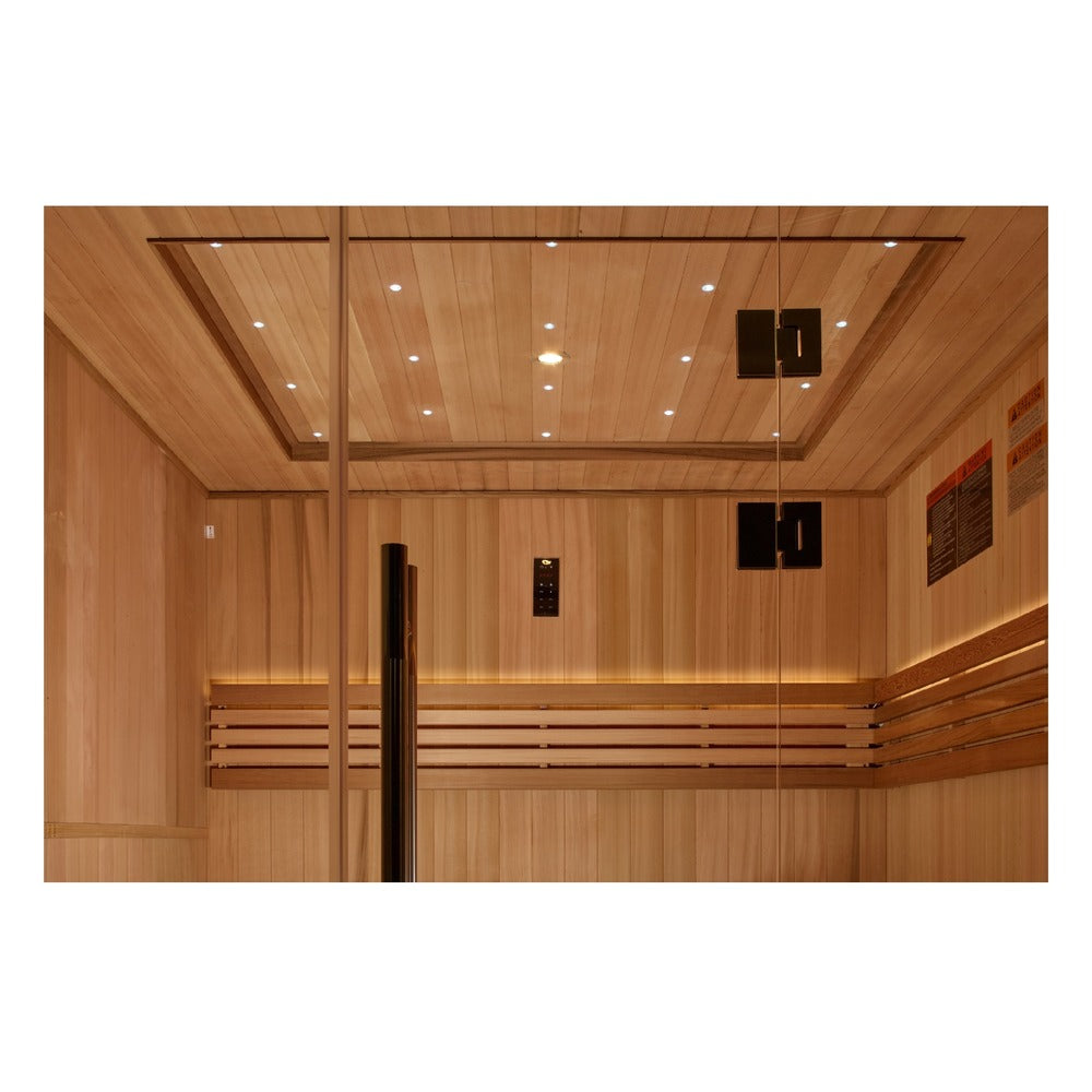 Golden Designs Osla 6 Person Traditional Sauna front view with cedar interior visible
