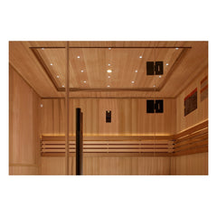 Golden Designs Osla 6 Person Traditional Sauna front view with cedar interior visible