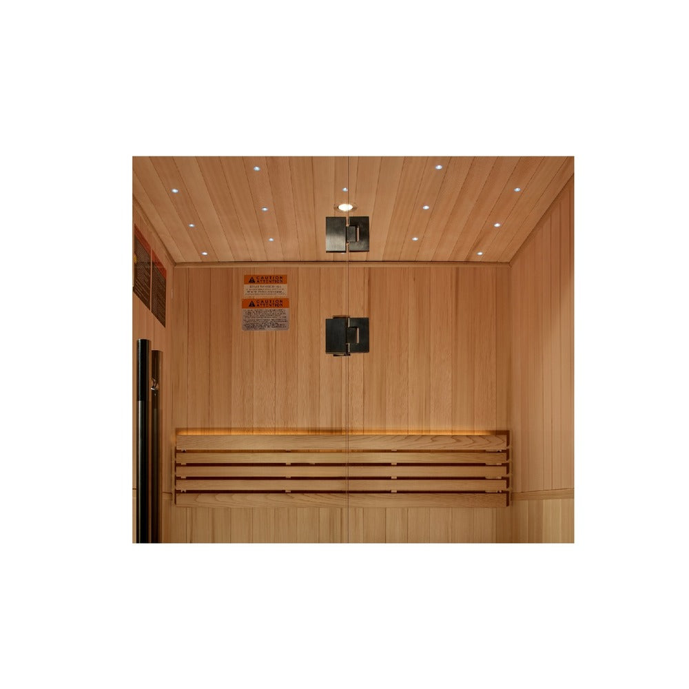 Golden Designs Sundsvall 2 Person Traditional Sauna front view with cedar interior visible